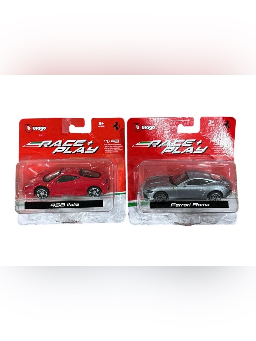 Burago Race & Play 1/43 Diecast Cars - Red 458 Italia & Silver Ferrari Roma